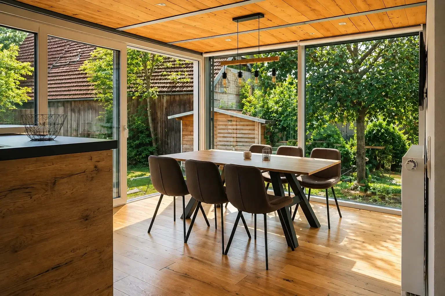 Lichtdurchfluteter Wintergarten der Ferienwohnung Klärle in 88299 Leutkirch im Allgäu mit Esstisch und Gartenblick